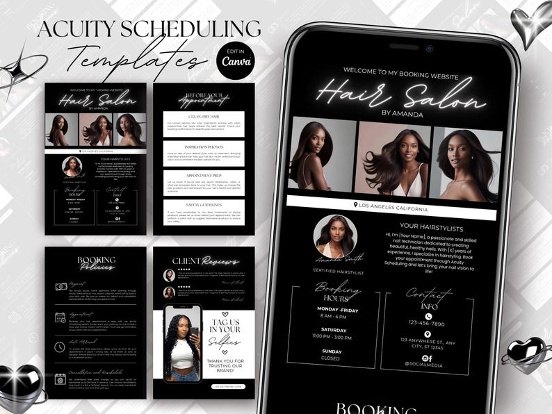 K&ouml;nnte beinhalten: Ein schwarzes und wei&szlig;es Handy-Bildschirm-Mockup mit einer Website f&uuml;r einen Friseursalon. Die Website zeigt eine Willkommensnachricht, "Willkommen auf meiner Buchungswebsite Hair Salon by Amanda", und einen Bereich f&uuml;r die Buchung von Terminen. Die Website enth&auml;lt auch einen Bereich f&uuml;r Kundenbewertungen und einen Bereich f&uuml;r Buchungsrichtlinien.
