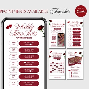 May include: A digital template for nail salon appointments, featuring a smartphone displaying weekly time slots in a burgundy color scheme. Additional promotional graphics include appointment details, a calendar, and contact information, all with floral accents.