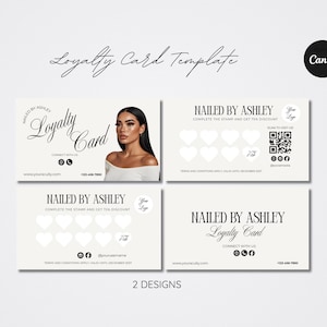Könnte beinhalten: Eine Vorlage für eine Kundenkarte im minimalistischen Design. Die Karten sind cremefarben mit schwarzem Text und zeigen ein Frauenbild. Der Text enthält "Loyalty Card" und "Hailed by Ashley". Das Design umfasst herzförmige Stempel und einen QR-Code.