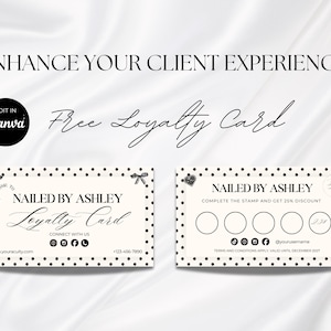 May include: Two rectangular loyalty cards with a black polka dot border on a white background. The cards feature the text NAILED BY ASHLEY, social media icons, a website placeholder, a phone number, and five circular spaces for stamps.