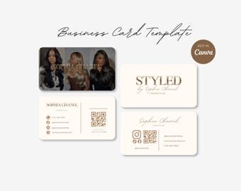 May include: A business card template featuring a cream-coloured design with rounded corners. The cards display the text "STYLED by Sophia Chanel," "SOPHIA CHANEL," social media icons, a QR code, and placeholders for contact information.