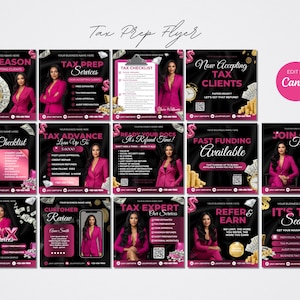 May include: A promotional flyer for tax preparation services. The design features a collection of square graphics with a black background, pink accents, and images of a woman in a pink suit. Text includes "Tax Season," "Tax Prep Services," and "Fast Funding Available."