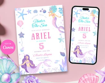 May include: A printable invitation for a little mermaid themed birthday party. The invitation features a watercolor illustration of a mermaid with purple hair and tail, surrounded by seashells, starfish, and bubbles. The text on the invitation reads "Please join us Under The Sea Our Little Mermaid Ariel is turning 5 Saturday June 16th Ariel's Lagoon RSVP to Cahaya -123-456-7850".