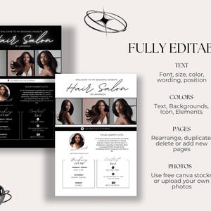 K&ouml;nnte beinhalten: Zwei schwarz-wei&szlig;e Flyer f&uuml;r einen Friseursalon. Die Flyer haben einen schwarzen Hintergrund mit wei&szlig;em Text und einen wei&szlig;en Hintergrund mit schwarzem Text. Die Flyer enthalten den Namen des Salons, "Hair Salon by Amanda", die Adresse des Salons und die &Ouml;ffnungszeiten des Salons. Die Flyer enthalten auch ein Foto der Salonbesitzerin.