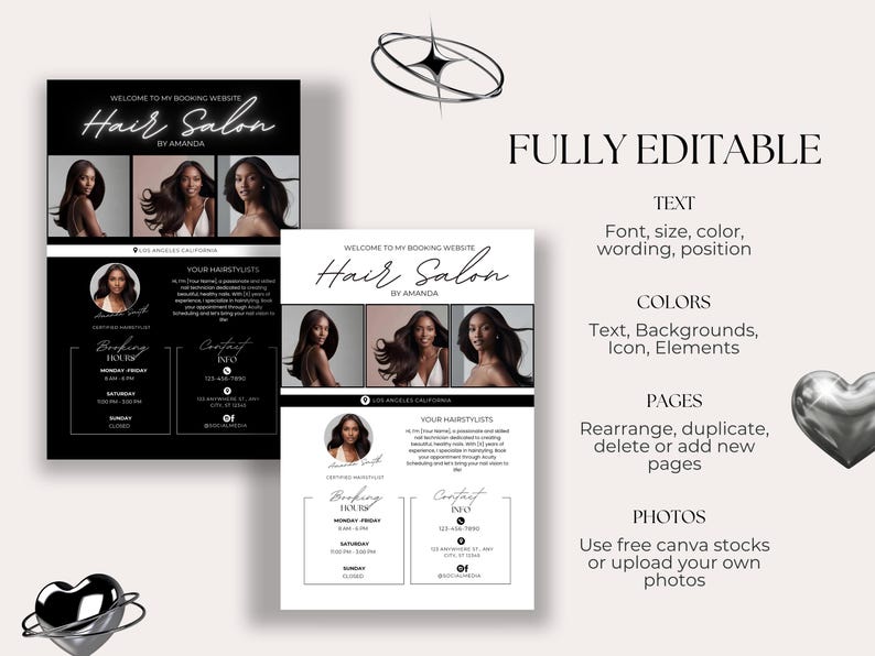 K&ouml;nnte beinhalten: Zwei schwarz-wei&szlig;e Flyer f&uuml;r einen Friseursalon. Die Flyer haben einen schwarzen Hintergrund mit wei&szlig;em Text und einen wei&szlig;en Hintergrund mit schwarzem Text. Die Flyer enthalten den Namen des Salons, "Hair Salon by Amanda", die Adresse des Salons und die &Ouml;ffnungszeiten des Salons. Die Flyer enthalten auch ein Foto der Salonbesitzerin.