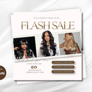Könnte beinhalten: Eine quadratische Werbeflyer-Vorlage mit dem Text FLASH SALE, YOUR BRAND NAME HERE, BOOK YOUR SPOT NOW, LIMITED SLOTS ONLY, @USERNAME und WWW.ACUITY.COM. Sie enthält drei Fotos von Personen mit verschiedenen Frisuren und drei braune Schaltflächen.