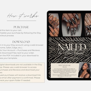 May include: A digital instruction guide for a nail technician booking site. The text reads How it works, Purchase, Download, and Nailed by Blair Chanel. It includes three images of long, dark, decorated fingernails and a portrait of a nail technician.