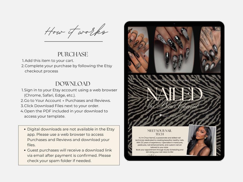 May include: A digital instruction guide for a nail technician booking site. The text reads How it works, Purchase, Download, and Nailed by Blair Chanel. It includes three images of long, dark, decorated fingernails and a portrait of a nail technician.
