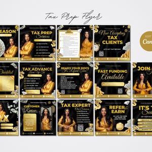 May include: A collection of tax preparation flyers with a black and gold color scheme. Each flyer features a woman in a gold blazer, along with text such as "Tax Season," "Tax Prep Services," and "Fast Funding Available."
