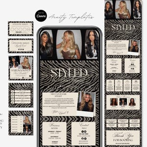 Puede incluir: Un conjunto de plantillas de marketing digital para estilistas de cabello con un fondo de estampado de cebra en negro y beige. El diseño incluye una interfaz de teléfono móvil, folletos de reserva y una tarjeta de fidelidad con el texto Styled by Blair Chanel.