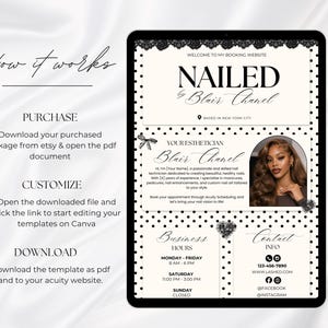 May include: A digital template for a nail technician booking website featuring a black and white polka dot background. The layout includes sections for business hours, contact information, and a professional profile with the text Nailed by Blair Chanel.