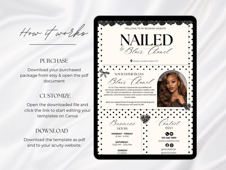May include: A digital template for a nail technician booking website featuring a black and white polka dot background. The layout includes sections for business hours, contact information, and a professional profile with the text Nailed by Blair Chanel.