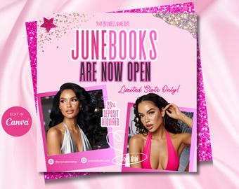 May include: Pink promotional graphic with the text "JUNEBOOKS ARE NOW OPEN" and "Limited Slots Only!". Two photos of a woman are featured. The graphic also includes the text "20% DEPOSIT REQUIRED" and "Book Now".