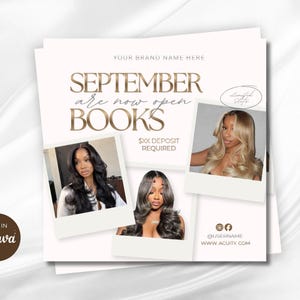 May include: A square promotional flyer template featuring the text SEPTEMBER are now open BOOKS and XX DEPOSIT REQUIRED. It includes three polaroid-style frames displaying images of individuals with styled hair, social media icons, and a website URL.