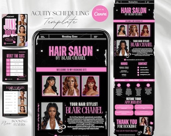 May include: A black and pink Hair Salon template for Acuity Scheduling, featuring the text "Hair Salon by Blair Chanel." The design includes images of hairstyles, booking information, and the phrase "Welcome to my booking site."