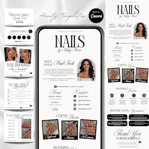 May include: Aesthetic nail salon marketing templates in black and white. The design includes a phone mockup, business cards, and a promotional flyer. The text includes "NAILS by Ashley Moore", booking information, and client photos.