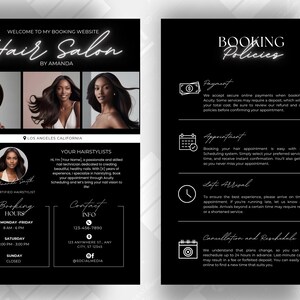 K&ouml;nnte beinhalten: Ein schwarz-wei&szlig;er Flyer mit einer neonpinken &Uuml;berschrift, die "Hair Salon by Amanda" lautet. Der Flyer wirbt f&uuml;r Friseurdienstleistungen und enth&auml;lt Buchungsinformationen, Kontaktinformationen und Buchungsrichtlinien. Der Flyer enth&auml;lt auch Fotos von drei Frauen mit wundersch&ouml;nem Haar.