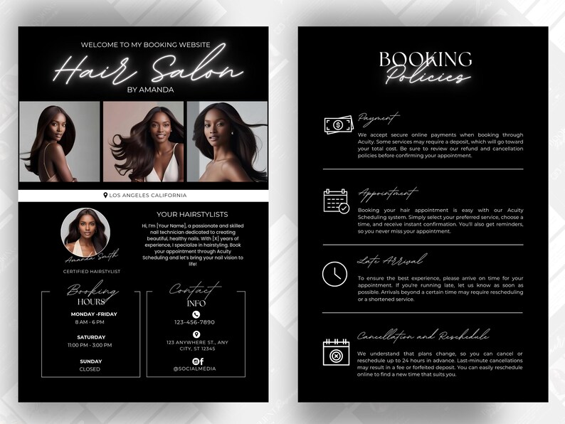 K&ouml;nnte beinhalten: Ein schwarz-wei&szlig;er Flyer mit einer neonpinken &Uuml;berschrift, die "Hair Salon by Amanda" lautet. Der Flyer wirbt f&uuml;r Friseurdienstleistungen und enth&auml;lt Buchungsinformationen, Kontaktinformationen und Buchungsrichtlinien. Der Flyer enth&auml;lt auch Fotos von drei Frauen mit wundersch&ouml;nem Haar.