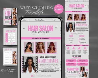 May include: A pink and gray hair salon template with the text "Hair Salon by Blair Chanel" and "Welcome to my booking site." Includes images of hairstyles and booking information. Edit in Canva.