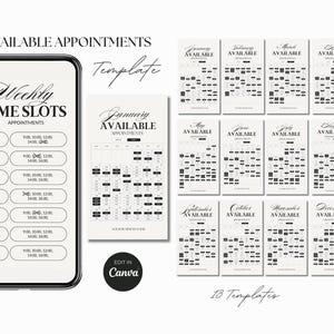 May include: A digital template set for appointment scheduling, featuring a smartphone screen displaying weekly time slots and 12 monthly calendar templates. The design is minimalist with black text on a cream background. Text includes "Available Appointments" and "Edit in Canva."