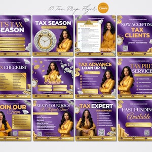 May include: A collection of 13 tax preparation flyers with a purple and gold color scheme. Each flyer features a woman in a gold blazer, along with text such as "Tax Season", "Tax Checklist", and "Fast Funding Available".