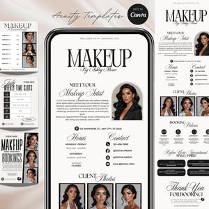 May include: A digital marketing template for a makeup artist, featuring a phone mockup with booking information, client photos, and service details. The design is in black and white with elegant fonts and includes the text "MAKEUP" and "BOOKINGS".