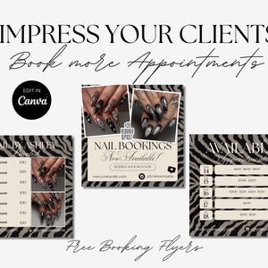 May include: A digital marketing template set for nail technicians featuring a black and white zebra print background. The graphics include text fields for service menus, booking availability, and social media handles, accented with photos of manicured nails.
