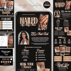 Peut inclure: Modèle de marketing numérique pour un salon de manucure, avec un design noir et or. Le modèle comprend le texte "NAILED By Ashley Moore", une photo d'une technicienne ongulaire et des informations de réservation. Modifiable dans Canva.