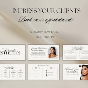 May include: A digital marketing template set for beauty estheticians. The design includes six templates with the text "Impress Your Clients" and "Book more appointments". The templates include business cards and appointment information.