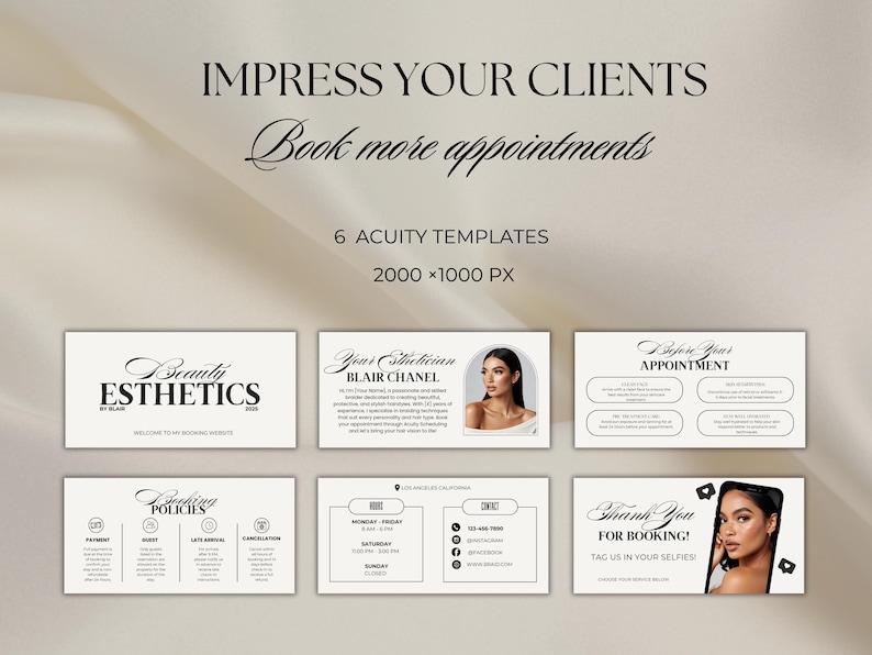 May include: A digital marketing template set for beauty estheticians. The design includes six templates with the text "Impress Your Clients" and "Book more appointments". The templates include business cards and appointment information.