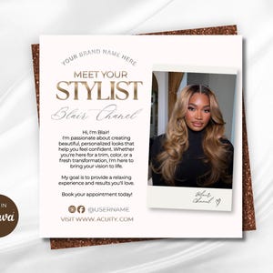 May include: A square digital template featuring the text MEET YOUR STYLIST Blair Chanel, a polaroid-style photo of a person with long wavy blonde hair, and placeholder text for contact information, social media handles, and a website URL.