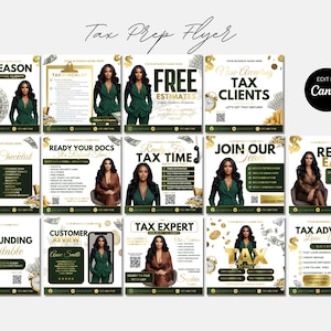 Fully Editable Tax Prep Service Flyers 2026 Tax Season Flyers Accounting Services Flyers Green Business Tax Preparer Flyers  Canva Template