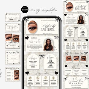 May include: A digital set of Acuity booking templates for lash technicians featuring a marble background, black bow accents, and text including Lashed by Blair Chanel, Meet Your Lash Tech, Business Hours, Contact Info, and Booking Policies.