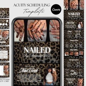 May include: A digital template for nail technicians, featuring a leopard print design. The template includes booking flyers, a loyalty card, and examples of nail art. The text includes "NAILED By Amanda West" and "Meet Your Nail Tech".