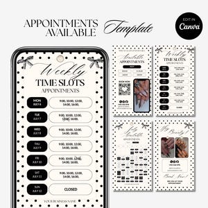 May include: A digital template for weekly appointment scheduling featuring a black and white polka dot border and bow accents. The design includes text fields for business name, days of the week, time slots, and placeholders for images of manicured nails.