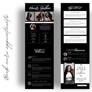 K&ouml;nnte beinhalten: Vier schwarz-wei&szlig;e Vorlagen f&uuml;r einen Friseursalon. Die Vorlagen beinhalten Informationen zu Buchungsrichtlinien, Kundenbewertungen und Anweisungen f&uuml;r Kunden vor ihrem Termin. Der Text "Hair Salon" ist in einer wei&szlig;en, stilisierten Schrift.