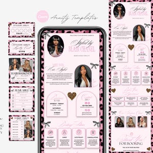 Peut inclure: Un ensemble de modèles numériques pour sites de réservation et flyers de coiffure avec une bordure imprimé léopard rose, des nœuds noirs et des cadres photo circulaires. Le texte inclut Styled by Blair Chanel, horaires et politiques.