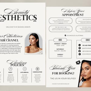 May include: A promotional flyer for "Beauty Esthetics by Blair" featuring a headshot of a woman with long dark hair. The flyer includes booking information, contact details, and a thank you message.