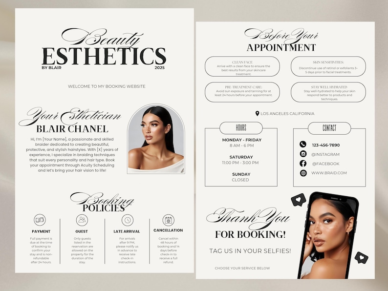 May include: A promotional flyer for "Beauty Esthetics by Blair" featuring a headshot of a woman with long dark hair. The flyer includes booking information, contact details, and a thank you message.