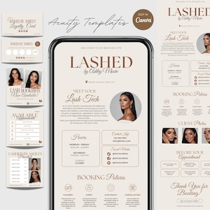 May include: Marketing templates for lash services. The design includes a phone mockup with the text "LASHED by Ashley Moore" and promotional materials, such as booking flyers and loyalty cards. The colour scheme is neutral with brown and beige tones.