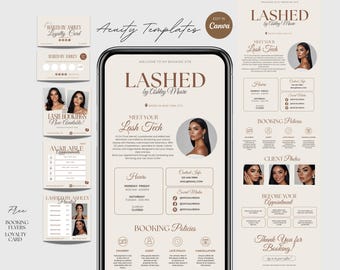 May include: Aesthetic marketing templates for lash services. The design features a phone mockup with the text "LASHED by Ashley Moore" and various promotional materials, including booking flyers and loyalty cards. The color scheme is neutral with brown and beige tones.