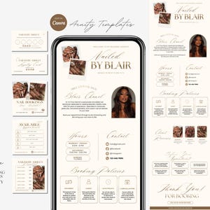 Può includere: Un set di modelli digitali per il branding di un centro estetico per unghie con display per smartphone, carte fedeltà e volantini di prenotazione. Il design utilizza una palette beige con tipografia elegante, incluso il testo Nailed By Blair.