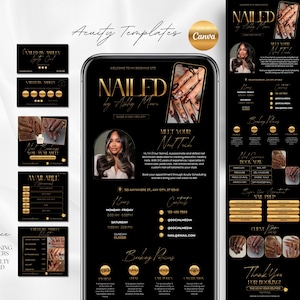May include: A black and gold nail salon marketing template with the text "NAILED by Ashley Moor". The design includes a phone mockup, booking flyers, and a loyalty card. The template features images of manicured nails.