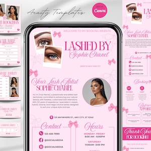May include: Pink and white lash extension booking templates with the text "Lashed by Sophie Chanel". The design includes images of eyes, bows, and a woman. Includes booking information and contact details.