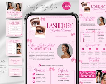 May include: Pink and white lash extension booking templates with the text "Lashed by Sophie Chanel". The design includes images of eyes, bows, and a woman. Includes booking information and contact details.