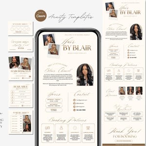 May include: A digital template set for hair booking websites and flyers, featuring the text Hair By Blair, contact details, booking policies, and hours. The design includes placeholders for photos, a loyalty card layout, and appointment scheduling sections in a neutral colour palette.