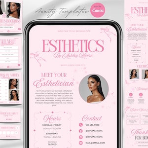 Könnte beinhalten: Rosa und weißes Esthetics-Vorlagendesign mit dem Text "Esthetics By Ashley Moore". Das Design umfasst ein Telefon-Mockup, Buchungsflyer und eine Kundenkarte. Die Vorlage ist für die Bearbeitung in Canva konzipiert.