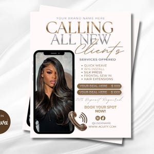 Op de afbeelding: Een promotionele flyer-sjabloon met de tekst CALLING ALL NEW CLIENTS, een smartphone-afbeelding met een persoon met lang donker haar, een lijst met haardiensten, twee bruine aanbiedingsknoppen, een telefoonpictogram en placeholders.