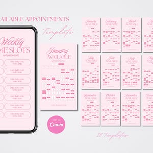 以下が含まれることがあります： ピンク色の予約テンプレート。スマートフォンには週ごとの時間枠が表示され、12ヶ月のカレンダーがあります。「利用可能な予約」、「週ごとの時間枠」、「Canvaで編集」というテキストが含まれています。
