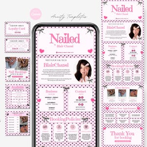 May include: A digital template set for a nail salon featuring a pink and black polka dot background with bow accents. The design includes a smartphone display, loyalty cards, booking flyers, and price lists with text reading Nailed by Blair Chanel.